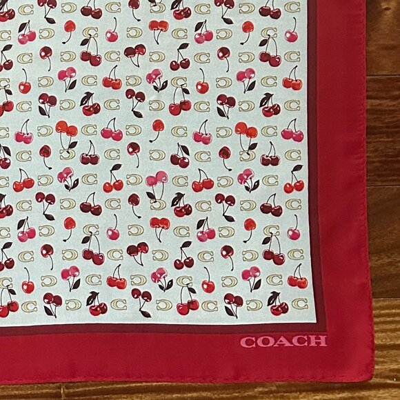 COACH SCULPTED C CHERRIES PRINT SILK BANDANA SCARF:NWT CDG76 CHALK/RED - Picture 2 of 9